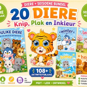 Puede incluir: Un paquete de actividades digitales con 20 páginas de animales y 4 conjuntos estacionales. La portada muestra un tigre de dibujos animados, varios animales y el texto: 20 DIERE + SEISOENE BUNDEL, 20 OULIKE DIERE, Knip, Plak en Inkleur, winter, lente, somer, herfs, 108+ AKTIWITEITSBLAAIE.
