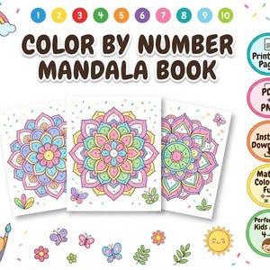May include: A color by number mandala book featuring three pages with intricate floral patterns in pastel pink, blue, and yellow. The design includes a rainbow, sun, butterflies, and flowers, with text reading Color By Number Mandala Book.