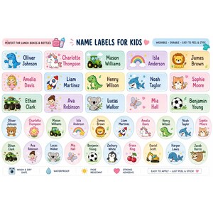 May include: A sheet of rectangular and oval name labels for kids featuring colourful illustrations of animals, vehicles, and nature. The labels include printed names like Oliver Johnson and Charlotte Thompson, with text stating Name Labels For Kids.