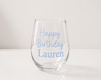 Personalised Stemless Wine Glass, Custom Vinyl Drinkware, Bridesmaids, Wedding and birthday Gifts