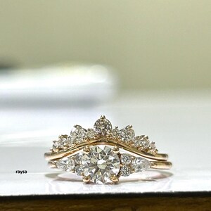 1.00 CT Round Cut Moissanite Engagement Ring, Lab Grown Diamond Pear Cluster Bridal Set 14K Gold, Five Stone Wedding Band Ring For Her