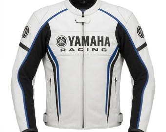 Yahama Racing Lederjacke, weißer Motorrad-Biker Cafe Racer-Mantel