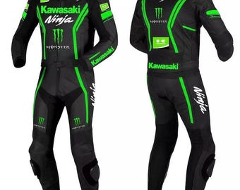 Kawasaki Rindsleder Rennanzug, Motorrad Biker Reitausrüstung