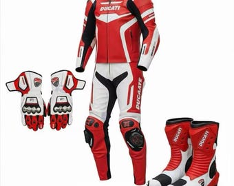 Ducati Corse Leather Racing Suit Set, Motorradstiefel & Handschuhe Reitausrüstung