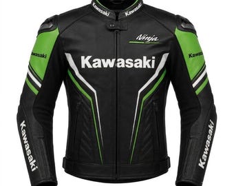 Kawasaki Ninja Lederjacke, schwarz grünes Motorrad Racing Biker Gang
