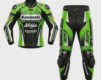 Kawasaki Ninja Racing Suit - Grün-Schwarz-Leder 2-teilige Motorrad-Motorradkleidung CE-Rüstung