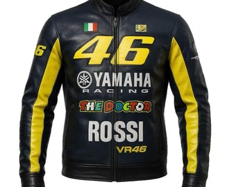 Yamaha VR46 Rossi Cowhide Leather Jacket, Moto Racing Biker Riding Gear