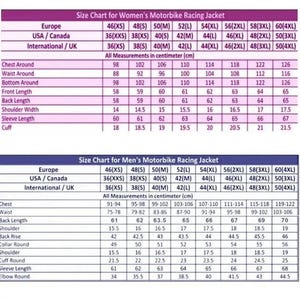 May include: A two-part size chart for motorbike racing jackets. The top section displays measurements in centimetres for jackets, while the bottom section provides a detailed grid of sizing specifications for jackets, including chest, waist, and sleeve lengths.