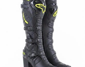 Women's High Heel Motorcycle Boots, Black CE Protective Biker Racing Shoes