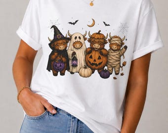 Highland Cow Halloween T-Shirt, Witch Ghost Pumpkin Mummy Cows, Vintage Spooky Farmhouse Tee