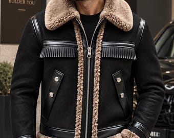 Men’s Black Shearling Leather Jacket, B3 Aviator Flight Jacket, Fur Lined Motorcycle Jacket, Vintage Winter Bomber Coat