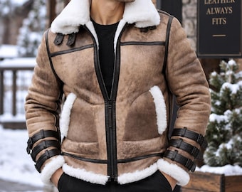 Men’s Brown Shearling Leather Jacket, Aviator Biker Winter Coat, Faux Fur Lined Jacket