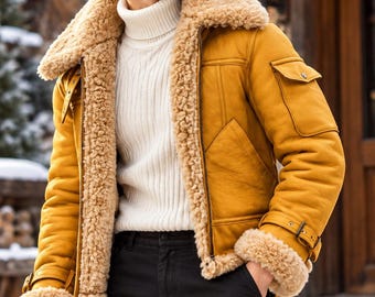 Men's Mustard Yellow Shearling Leather Jacket, Warm Sheepskin Aviator Coat, Winter Fur Lined Jacket