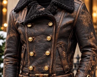 Men's Vintage Shearling Leather Jacket, Black Aviator Biker Coat, Double Breasted Fur Winter Jacket