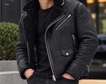 Men's Black Shearling Leather Jacket, Biker Aviator Jacket, Warm Winter Motorcycle Coat, Vintage Fur Lined Jacket