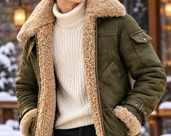 Men's Olive Green Shearling Leather Jacket, Sheepskin Aviator Coat, Warm Fur Lined Winter Jacket
