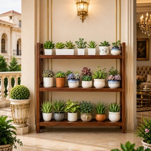 May include: A three-tiered wooden shelving unit holding a collection of various potted succulents and small green plants in white, blue, and terracotta ceramic containers. The shelves are dark brown wood with a simple, open-frame design.