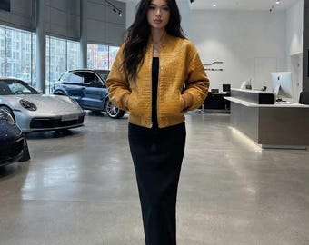 Women's Mustard Croc Embossed Leather Bomber Jacket | Zip Up Leather Jacket | Casual Cropped Coat | Fashion outerwear