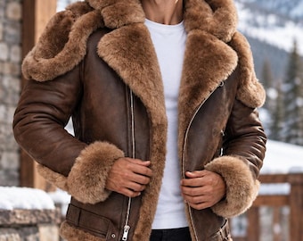 Brown Shearling Leather Jacket for Men, Fur Lined Aviator Biker Coat, Genuine Leather Winter Jacket, Warm Sheepskin Outerwear