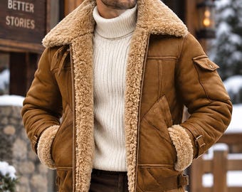 Men's Shearling Leather Jacket, Brown Aviator Jacket, Sheepskin Fur Coat, Warm Winter Motorcycle Jacket, Vintage Flight Coat