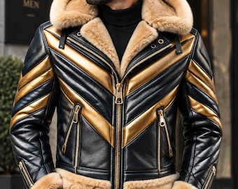 Women’s Shearling Leather Jacket, Black and Gold Biker Jacket, Fur Collar Motorcycle Coat, Vintage Aviator Winter Jacket