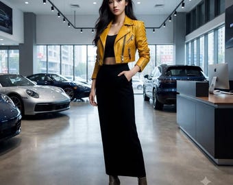 Women's Yellow Cropped Leather Moto Jacket | Biker Leather Jacket | Slim Fit Zip Motorcycle Coat | Fashion outerwear