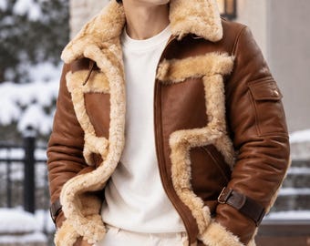 Men's Brown Shearling Leather Jacket, Sheepskin Aviator Biker Coat, Genuine Leather Winter Jacket, Warm Fur Lined Outerwear