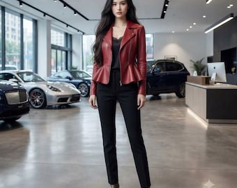 Women's Red Leather Peplum Jacket | Slim Fit Moto Leather Jacket | Elegant Zip Front Coat | Stylish fashion outerwear