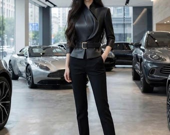 Women's Black Leather Wrap Jacket | Belted Peplum Leather Blazer | Slim Fit Elegant Office Jacket | Fashion outerwear