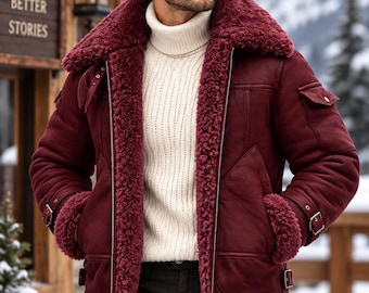 Burgundy Shearling Leather Jacket Men, Sheepskin Aviator Coat, Warm Winter Jacket, Fur Lined Motorcycle Jacket, Gift for Him