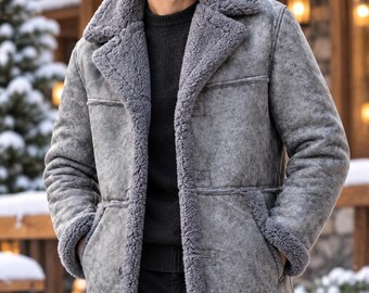 Men's Gray Shearling Leather Coat, Warm Sheepskin Jacket, Fur Lined Winter Aviator Coat