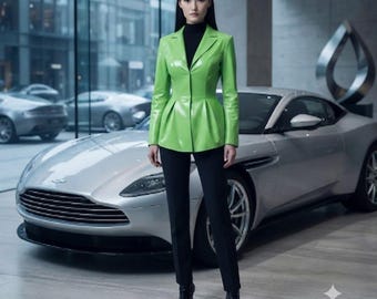 Women's Lime Green Leather Peplum Jacket | Slim Fit Leather Blazer | Elegant Office Leather Coat | Zip front jacket