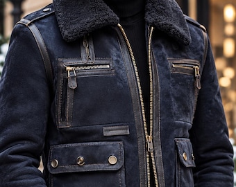 Men's Navy Blue Leather Jacket, Shearling Fur Collar, Moto Biker Jacket, Zip Front Winter Coat