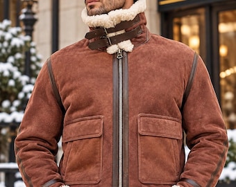 Men's Shearling Leather Jacket, Brown Aviator Biker Jacket With Fur Collar, Winter Motorcycle Coat