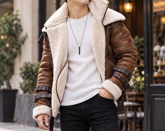 Men's Brown Shearling Leather Jacket, Genuine Sheepskin Aviator Coat, Warm Winter Biker Jacket