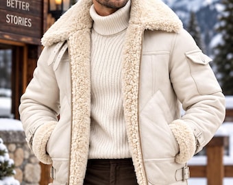 Men's White Shearling Leather Jacket, Warm Winter Aviator Coat, Faux Fur Lined Biker Jacket