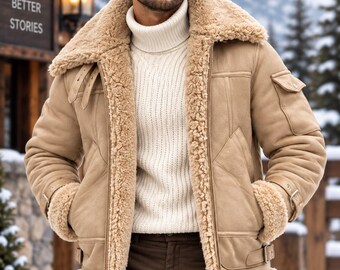 Men's Beige Shearling Leather Jacket, Warm Winter Aviator Coat, Faux Fur Lined Biker Jacket