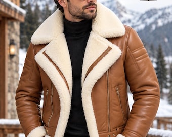 Men's Shearling Leather Jacket, Brown Aviator Biker Coat, Sheepskin Winter Jacket, Fur Lined Flight Jacket