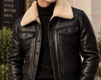 Men's Black Shearling Leather Jacket, Genuine Leather Aviator Coat, Winter Biker Jacket with Fur Collar