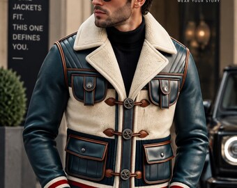 Shearling Leather Jacket, Green Leather Winter Jacket, Vintage Aviator Coat, Warm Casual Outerwear