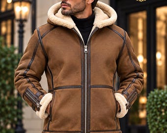 Men's Shearling Leather Jacket Front Zipper Brown Aviator Fur Lined Hooded Winter Coat