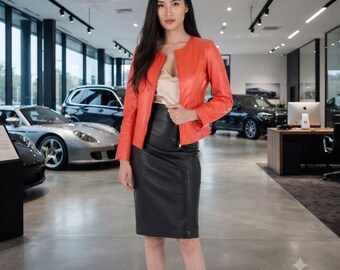 Women's Coral Leather Jacket | Collarless Zip Front Leather Blazer | Slim Fit Cropped Leather Coat | Elegant jacket