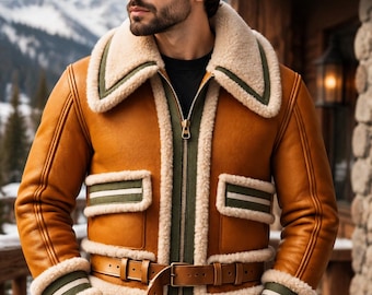 Men’s Shearling Leather Jacket, Brown Aviator B3 Flight Jacket, Sheepskin Fur Coat, Winter Motorcycle Jacket, Vintage Bomber Outerwear