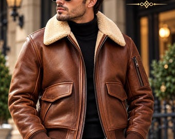 Men's Brown Leather Bomber Jacket with Shearling Fur Collar, Zip Front & Pockets