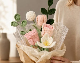 Handmade Crochet Tulip Rose Bouquet | Pink White Floral Arrangement, Soft Cloud Texture
