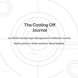 Puede incluir: Una portada de diario blanca con el texto The Cooling Off Journal, An ADHD-Friendly Anger Management & Reflection Journal, y Notice patterns. Reset reactions. Move forward. El diseño incluye tenues patrones de líneas circulares grises.
