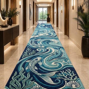 Puede incluir: Una alfombra de pasillo larga con un diseño acuático en azul profundo y turquesa, con texturas en relieve que representan peces koi, delfines, olas marinas, formaciones de coral, conchas y una estrella de mar en un pasillo iluminado.