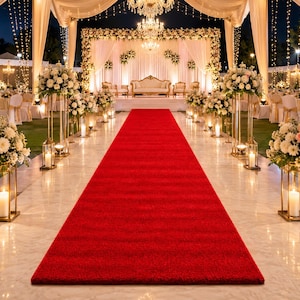 May include: A long red carpet aisle runner leads to a wedding stage featuring a white sofa, draped fabric, and floral arrangements. Tall gold metal stands hold white flower bouquets and lanterns with lit candles along the marble floor.