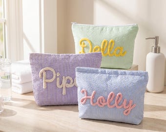 Personalized Seersucker Makeup Bag, Custom Chenille Name Cosmetic Pouch for Travel and Everyday Use