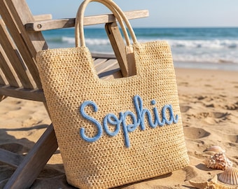 Benutzerdefinierte Stroh Strand Tragetasche, Sommer Reisetasche mit Monogramm für Junggesellinnenabschied und Küstenferien